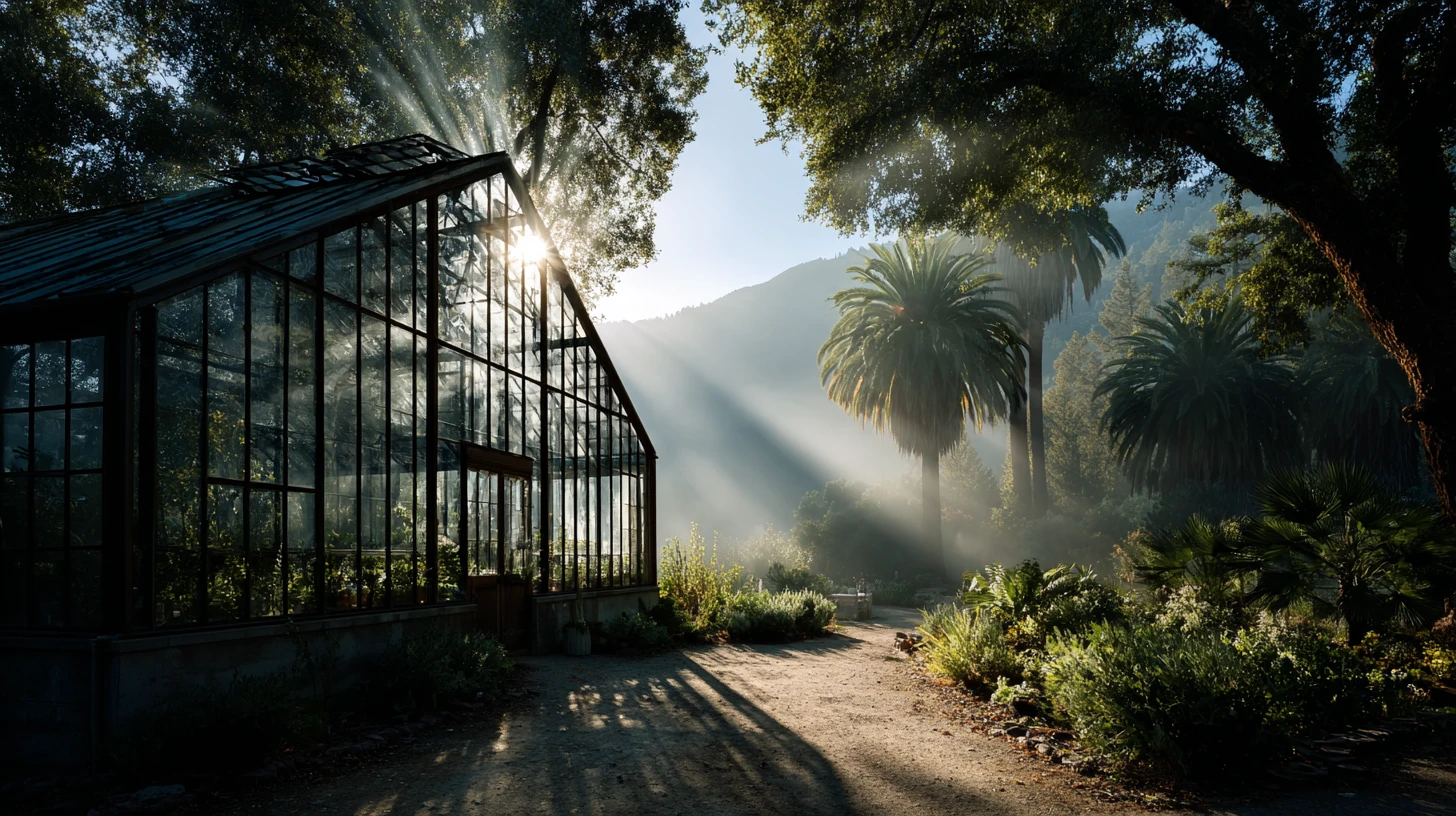 Empty greenhouse in a misty California valley at dawn